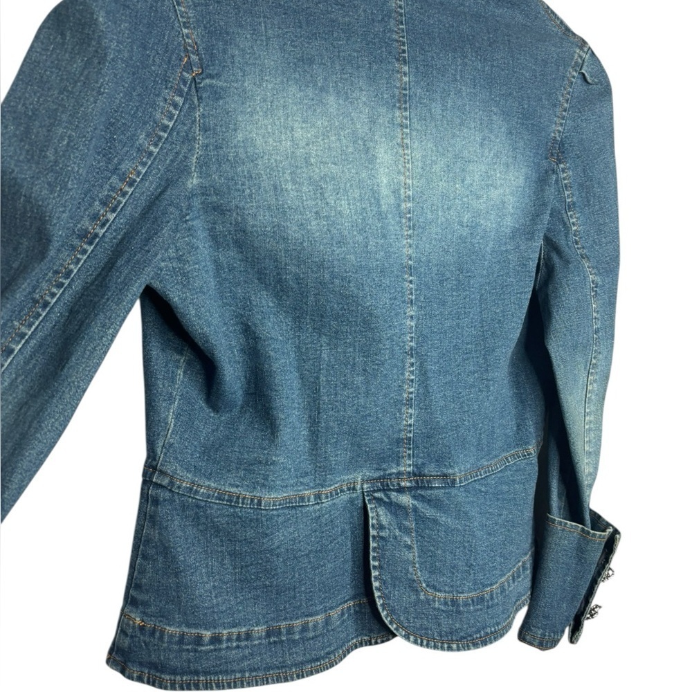 Y2K Berek Denim Faux Cheetah Fur Collar Embellished Jean Jacket Size Small - Picture 8 of 13
